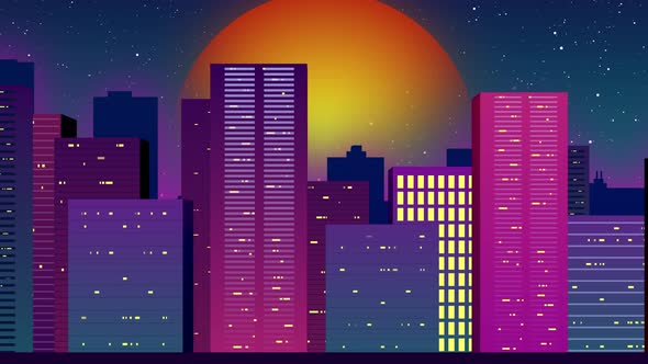 Cityscape view animation. Retrowave design, purple buildings and orange sun, VHS retro videogame