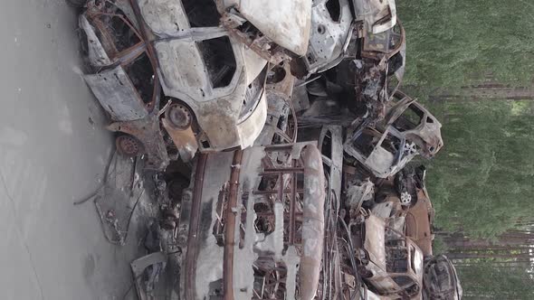 Vertical Video of a Dump of Destroyed Cars During the War in Ukraine