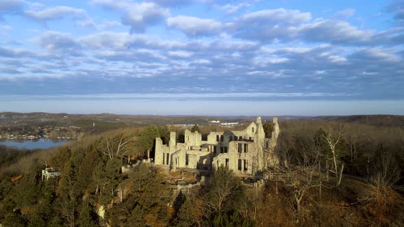 Beautiful Missouri Landscape Epic Castle Ruins, Aerial Establishing Orbit