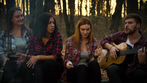 Amiable Tourists By Campfire Singing Songs with Guitar in Dark Forest