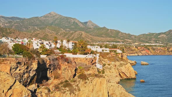 Aerial Drone View of Beautiful Beach on Mediterranean Coast of Spain at Nerja, Costa Del Sol in Anda