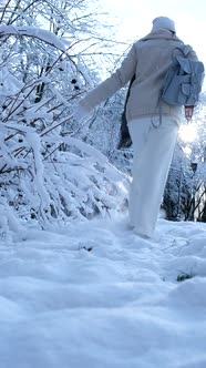 Happy Woman Walking By Snowed Winter Park