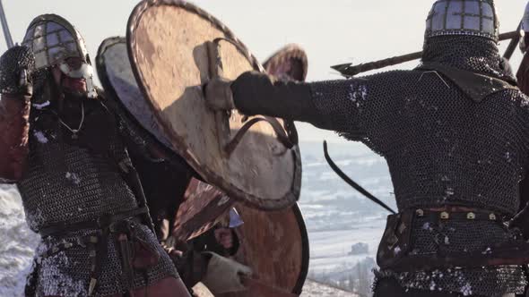 Warriors of Vikings Are Fighting During Attack at Winter Time