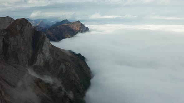 Aerial View of Mount Pilatus During Sunrise and Fog. Autumn Switzerland