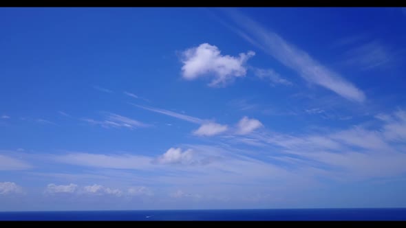 Aerial top down abstract of relaxing island beach voyage by shallow ocean and white sand background 