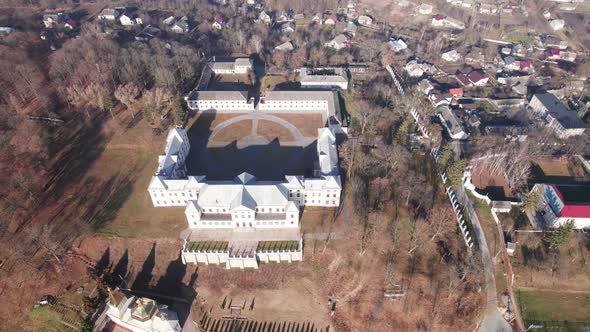 Front Aerial View of the Vyshnivets Palace Ukraine in Autumn