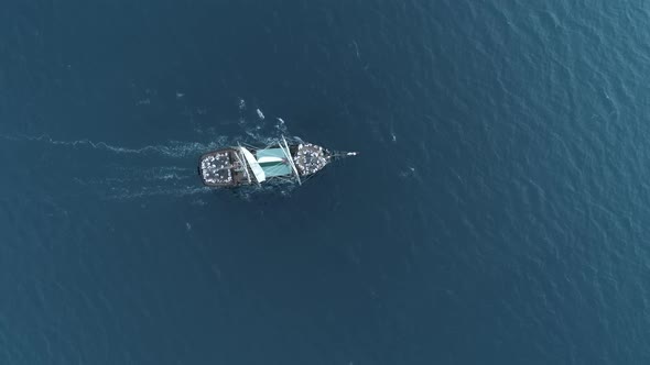 Cinematic Incredible Vie on Medieval Wooden Ship Sailing in Blue Caribbean Sea