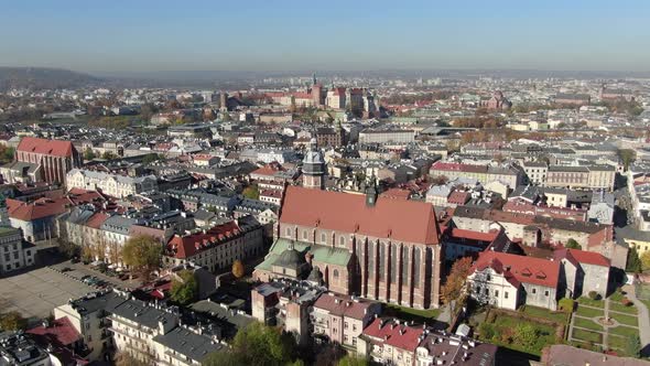 Drone flight over Kazimierz - former Jewish district in Krakow, Poland