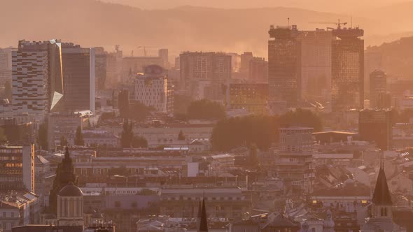 Panoramic aerial cityscape of the historical downtown of Sarajevo timelapse