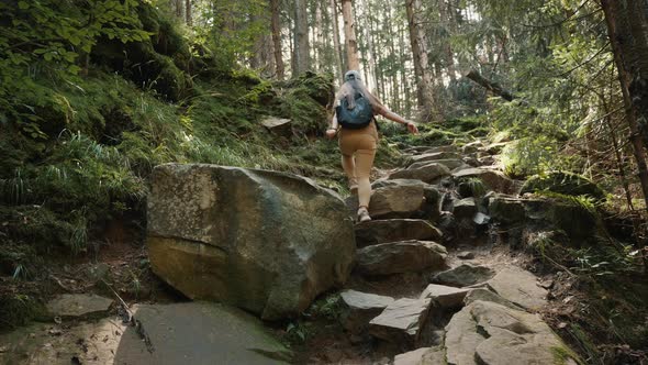 A Girl Climbs the Mountain on Large Stones in the Forest