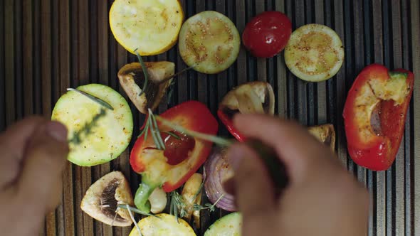 Adding Herbs and Oil to Grilled Vegetables