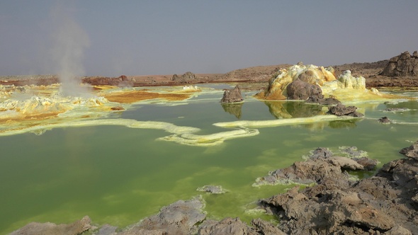 The colorful landscape of lake in Crater of Dallol Volcano. Sulphur pools of mineral in Ethiopia.