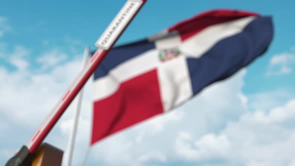 Closed Gate with QUARANTINE Sign at Flag of the Dominican Republic