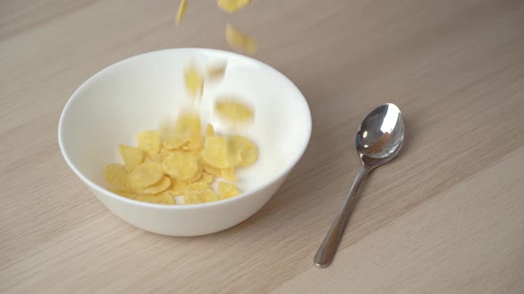 Slow motion of falling corn flakes in a white plate close up.