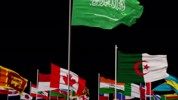 Saudi Arabia  Flag With World Globe and Flags 4K With Alpha 