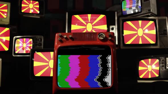 The flag of North Macedonia and Retro TVs.