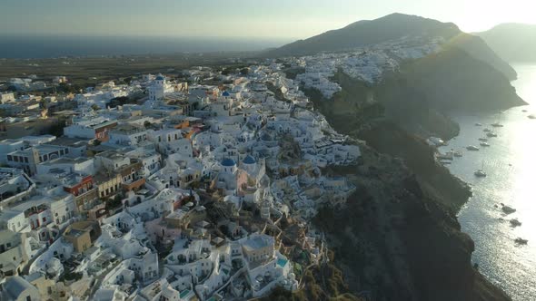 Aerial View Flying Over City of Oia on Santorini Greece