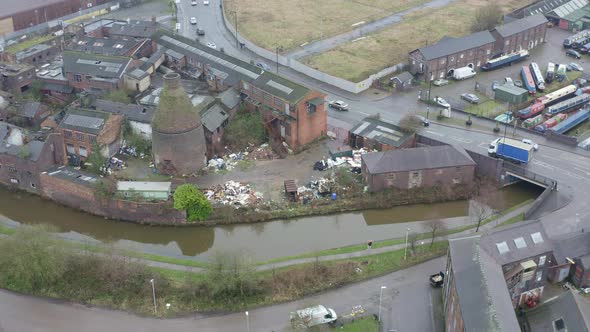 Aerial view of Kensington Pottery Works an old abandoned, derelict pottery factory and bottle kiln l