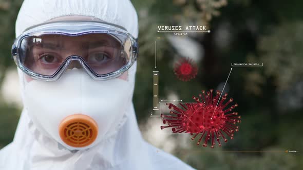 Realistic 3D animation of the Coronavirus 2019-nCoV Portrait of Virologist Worker in Protective Suit