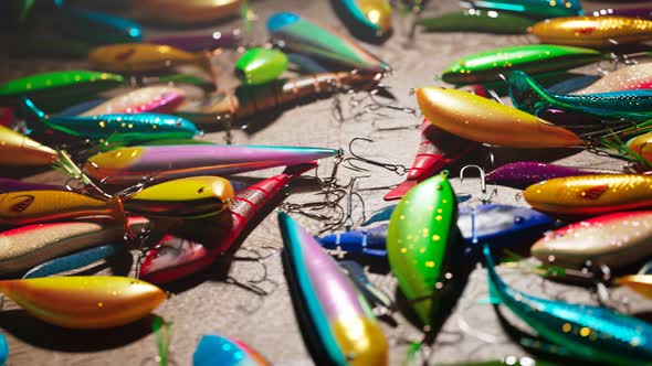 Assorted colourful fish bites. Set of wobblers. Lures and fish-hooks for angling