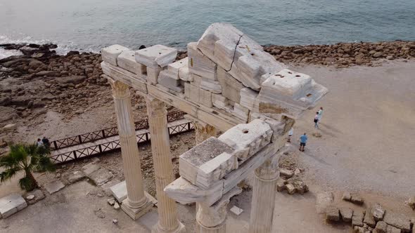 Close Up Aerial Shoot of Antique Apollo Temple Ruins Located in Turkey Side Archaeological Ruins Of