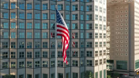 Patriotic Aerial of Vibrant Flag of the USA Financial District Miami Downtown