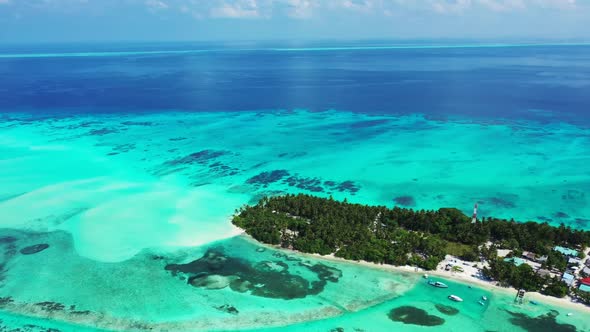 Aerial sky of relaxing bay beach time by transparent ocean with clean sandy background of a daytrip 