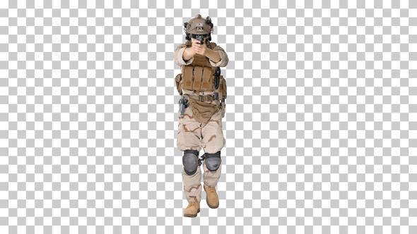 Soldier walking and shooting from hand gun, Alpha Channel
