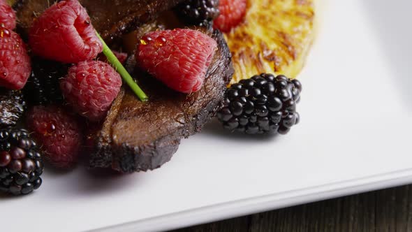 Rotating - smoked duck bacon with grilled pineapple, raspberries, blackberries and honey