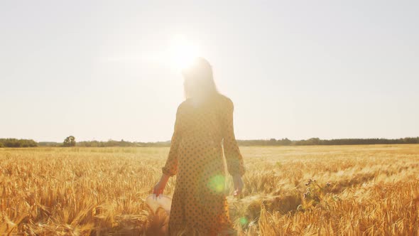 Pregnant woman in the rays of the sunset in the field