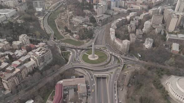 Tbilisi, Georgia - April 12 2021: Aerial view of the Monument of Heroes and Tbilisi circus