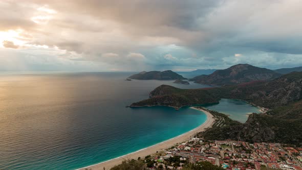 Mediterranean Bays and Beach Blue Water Sky Footage Aerial Green Pine Trees Oludeniz Blue Lagoon