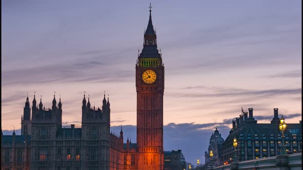 Timelapse of Elizabeth Tower Big Ben on the Palace of Westminster at sunset
