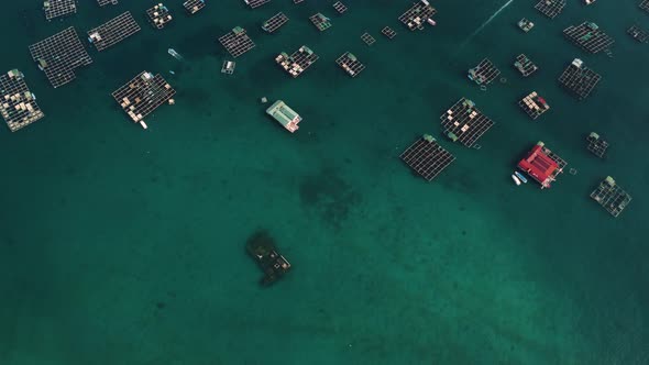 Floating fish farms on ocean surface in Southeast Asia. Aerial top down flyover