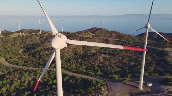 Wind turbines rotation on wind farm - carbon neutral and green power