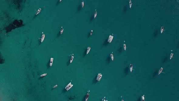 Aerial View of Many Yachts in a Bay on Formentera Island