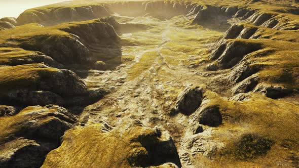 Landscape with Mountains and Dry Yellow Grass in New Zealand