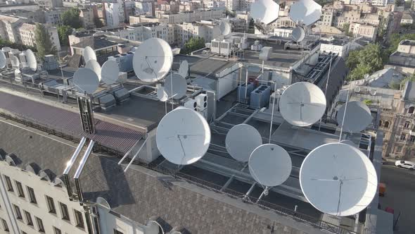 TV Antennas on the Roof of the Building. Aerial. Kyiv, Ukraine, Flat, Gray