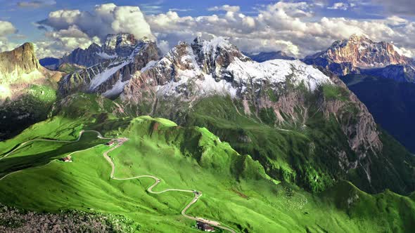 Aerial view of serpentine in Passo Giau, Dolomites