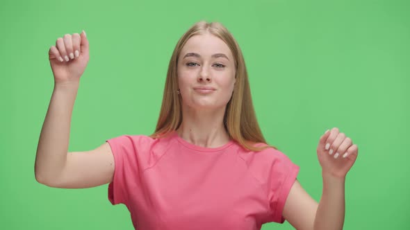 Portrait of an Excited Young Girl Banging Her Fists on Glass Waving Calling Someone and Gesturing I