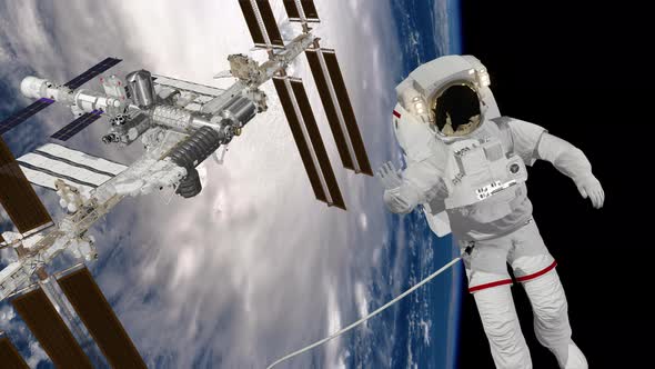 Astronaut Spacewalk, Waving His Hand in the Open Space