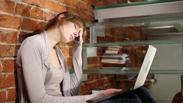 Tension and Headache Frustrated Woman Working on Laptop Stairs