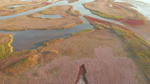 Aerial Drone View to Unusual Islands on Lake Sivash Ukraine