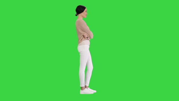 Smiling Young Woman Posing Arms Crossed Green Screen Chroma Key