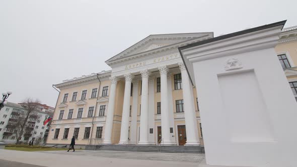 Palace of Culture with Columns at Entrance on Winter Day