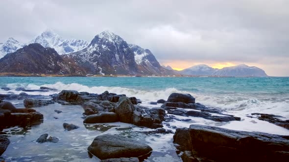 Norwegian Sea Waves on Rocky Coast of Lofoten Islands, Norway