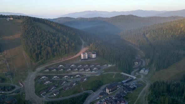 Aerial View of Sunrise Above Bukovel Ski Resort at Summertime