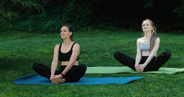 Two Young Women in the Park Practice Yoga