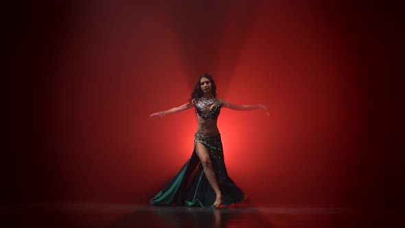 Traditional Oriental Belly Dancer Girl Dancing . Red Smoke Background