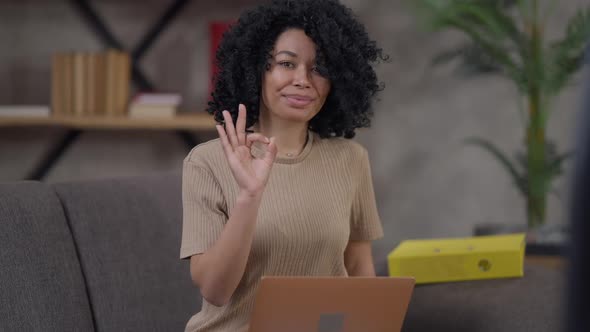 Confident Slim Beautiful African American Woman Showing OK Sign Smiling Looking at Camera